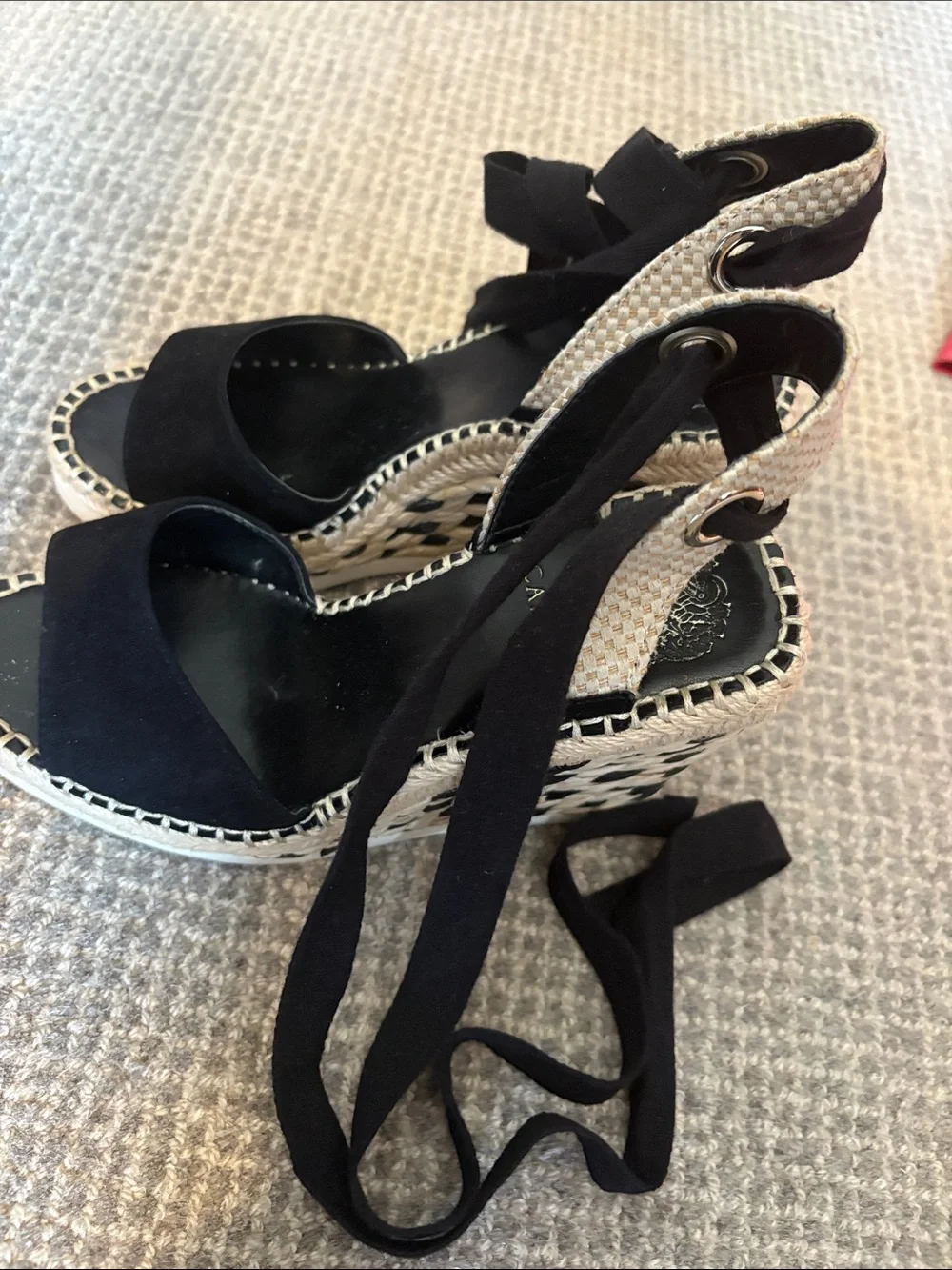 Vince Camuto- Black and Tan Woven Espadrille Wedge Sandals Ankle Ties size 6 1/2